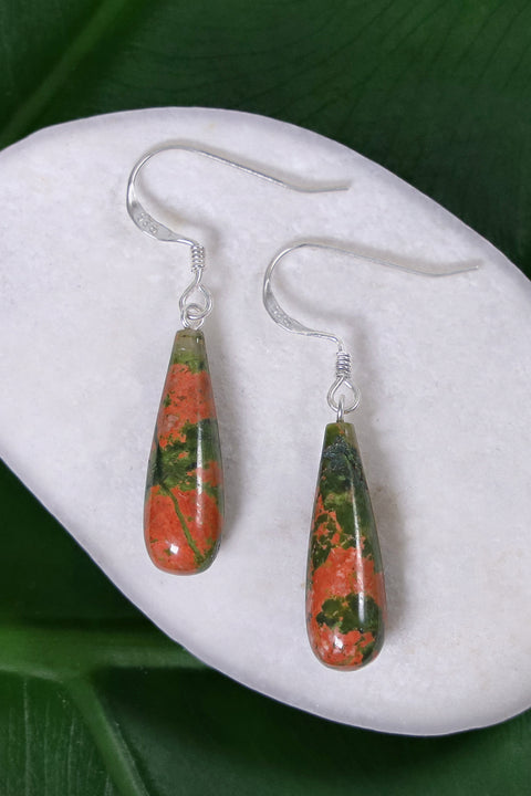 Sterling Silver & Unakite Water Drop Earrings - SS