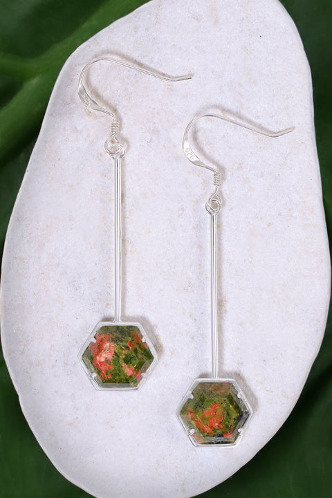 Unakite Hexagon Dangle Earrings - SF