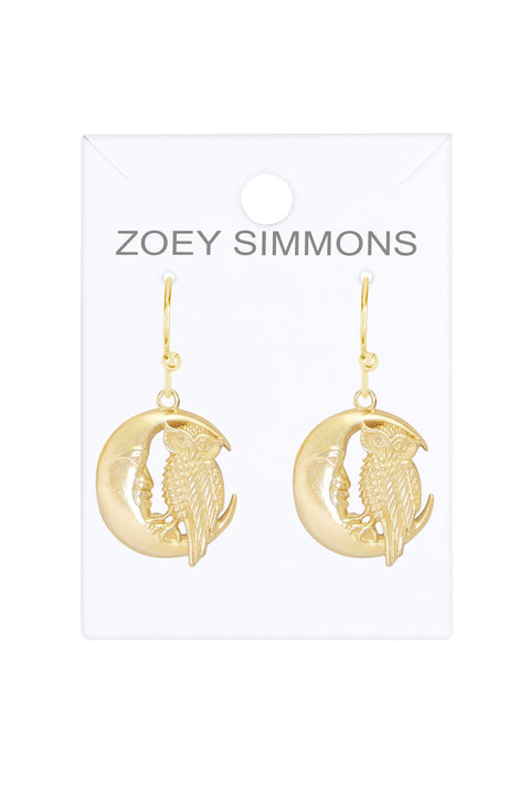 14k Gold Plated Moon & Owl Drop Earrings - GF