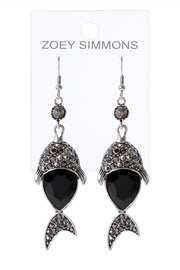 Black Austrian Crystal & Marcasite Fish Drop Earrings - SF