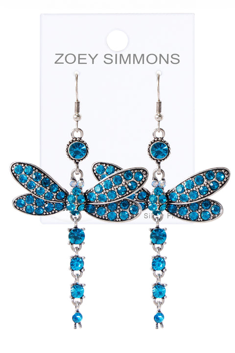 Blue Austrian Crystal Dragonfly Drop Earrings - SF