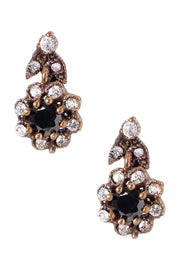Black Crystal Flower Post Earrings In Antique Gold - AG
