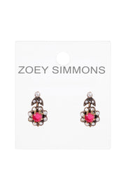 Pink Crystal Flower Post Earrings In Antique Gold - AG