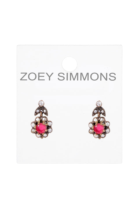 Pink Crystal Flower Post Earrings In Antique Gold - AG