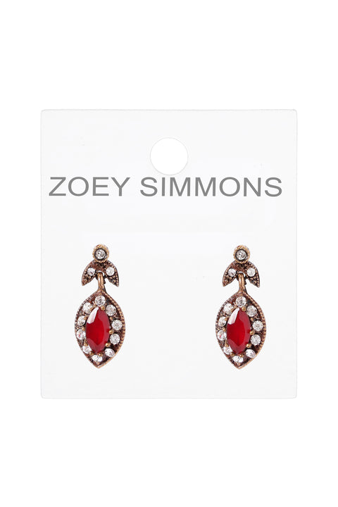 Red Crystal Flower Post Earrings In Antique Gold - AG