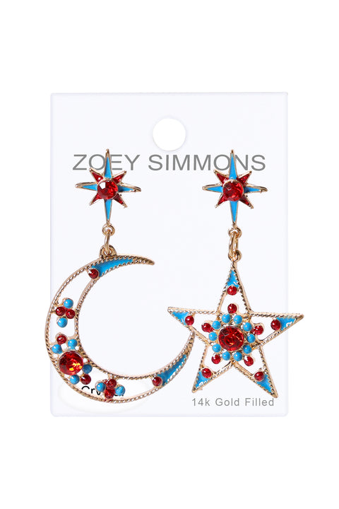 Red Crystal Moon & Star Asymmetrical Post Earrings - GP