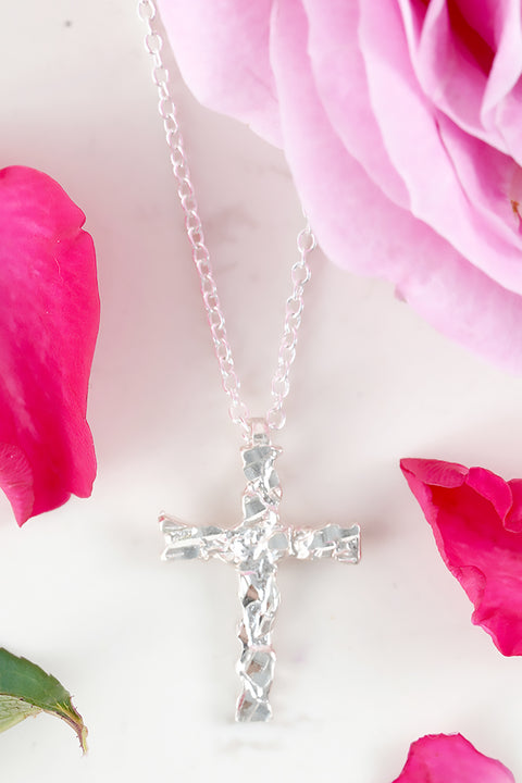 Sterling Silver Nugget Cross Pendant Necklace - SF