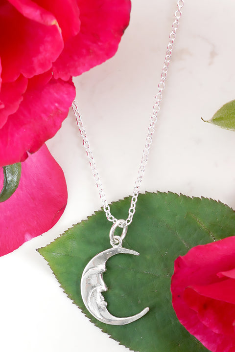 Sterling Silver Man In The Moon Charm Necklace - SF