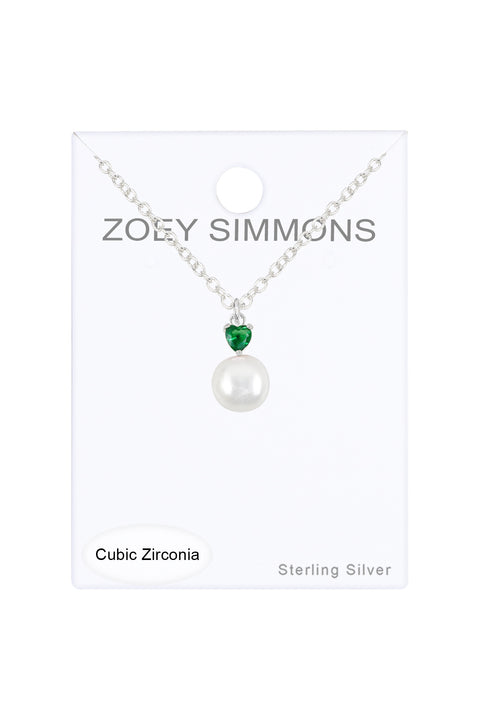 Sterling Silver Heart Emerald CZ & Faux Pearl Necklace - SS