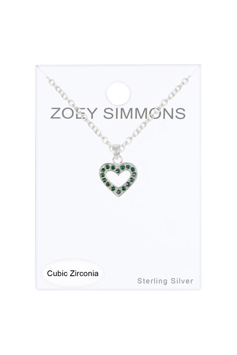 Sterling Silver & Emerald CZ Pave Heart Necklace - SS