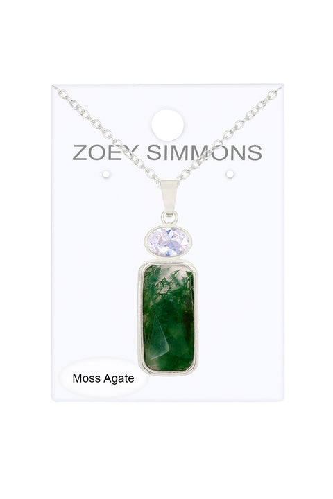 Moss Agate With CZ Pendant Necklace - SF