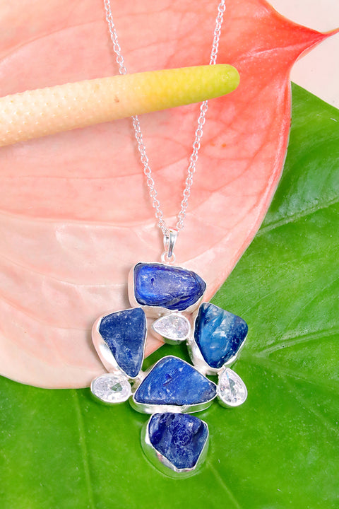 Sterling Silver Kyanite & CZ Geometry Pendant Necklace - SS