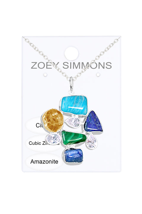 Sterling Silver Gemstone & CZ Geometry Pendant Necklace - SS