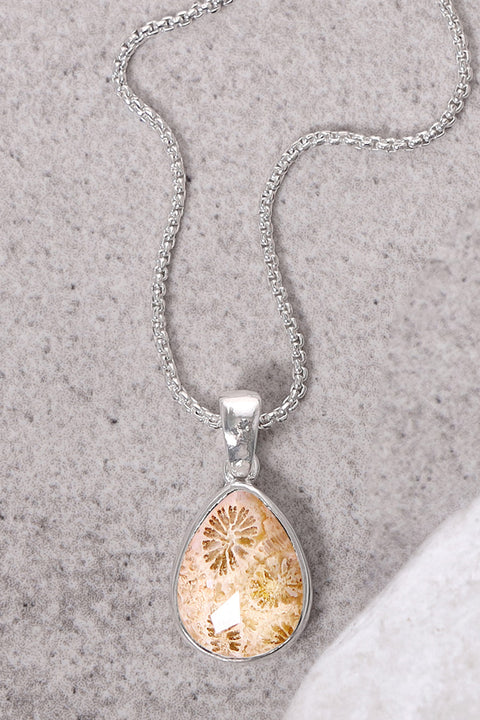Lily Fossil Teardrop Pendant Necklace - SF