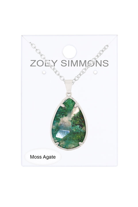 Moss Agate Pear Cut Pendant Necklace - SF