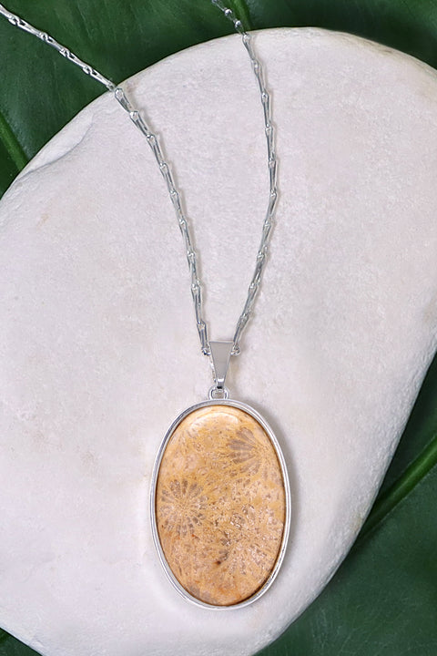 Lily Fossil Cabochon Pendant Necklace - SF