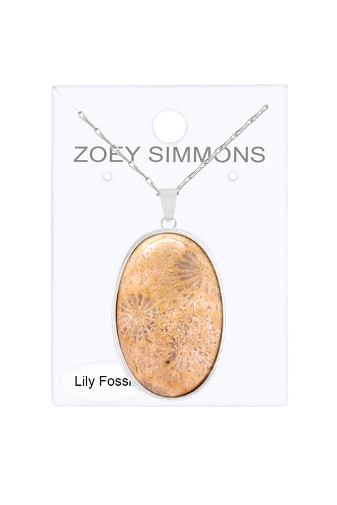 Lily Fossil Cabochon Pendant Necklace - SF