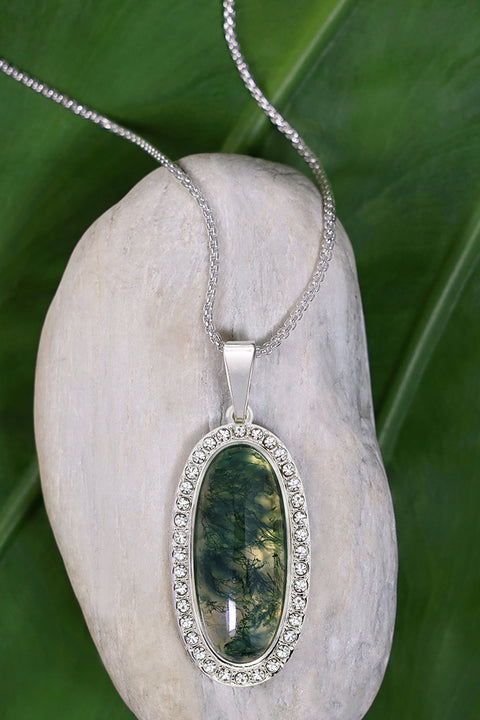 Moss Agate Halo Pendant Necklace - SF