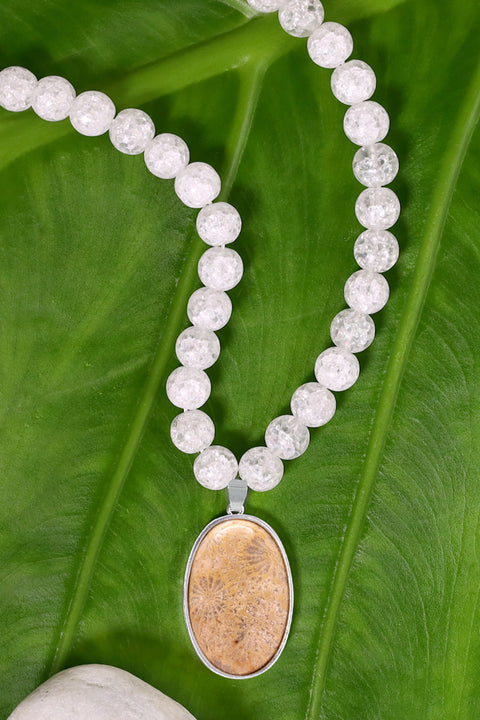Crystal Quartz Beads Necklace With Lily Fossil Pendant - SF