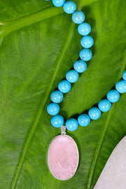 Turquoise Beads Necklace With Rose Quartz Pendant - SF