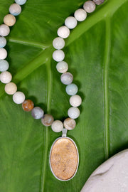 Amazonite Beads Necklace With Lily Fossil Pendant - SF