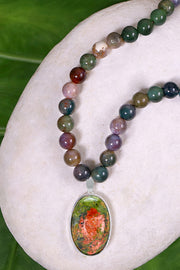 Mixed Jasper Beads Necklace With Unakite Pendant - SF