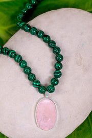 Malachite Beads Necklace With Rose Quartz Pendant - SF