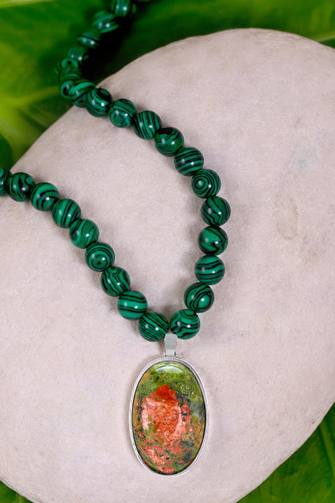 Malachite Beads Necklace With Unakite Pendant - SF