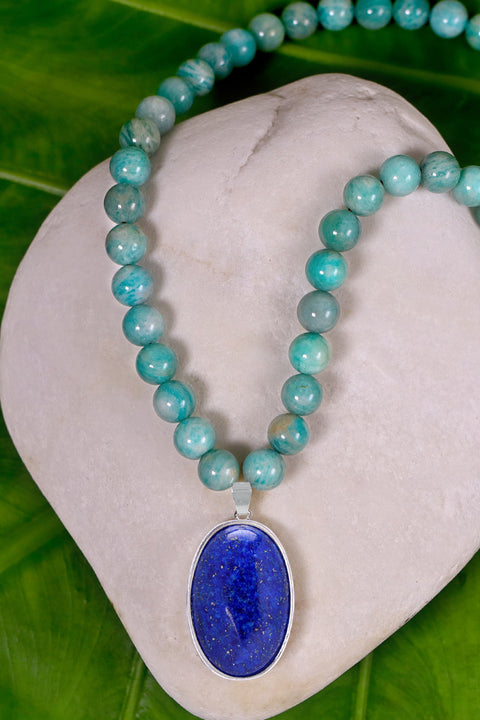 Amazonite Beads Necklace With Lapis Pendant - SF