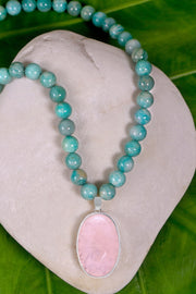 Amazonite Beads Necklace With Rose Quartz Pendant - SF