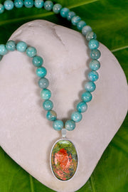 Amazonite Beads Necklace With Unakite Pendant - SF