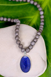 Gray Druzy Quartz Beads Necklace With Lapis Pendant - SF