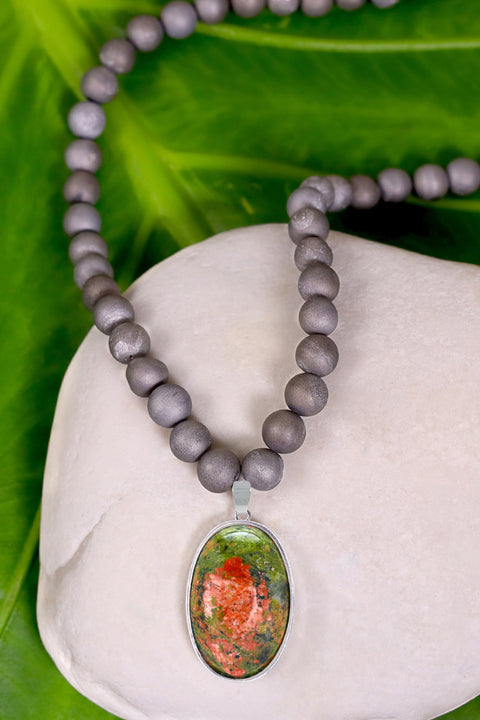 Gray Druzy Quartz Beads Necklace With Unakite Pendant - SF