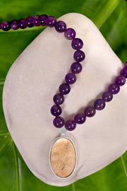 Amethyst Beads Necklace With Lily Fossil Pendant - SF