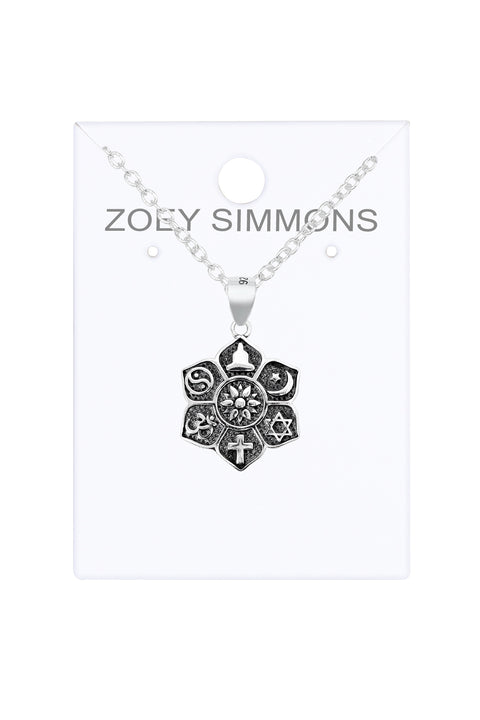 Sterling Silver Coexist Harmony Lotus Pendant Necklace - SS