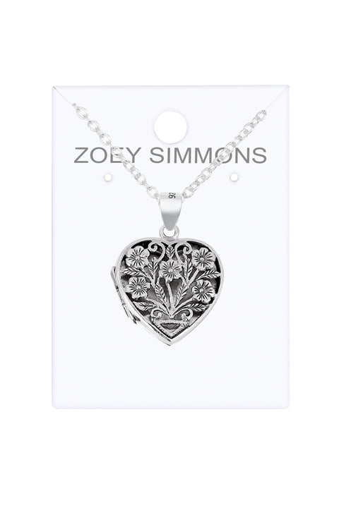 Sterling Silver Filigree Heart Locket Pendant Necklace - SS