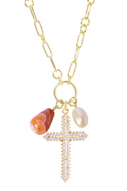 Sardonyx & Austrian Crystal Cross Pendant Necklce - GF
