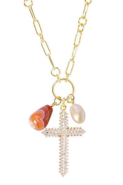Sardonyx & Austrian Crystal Cross Pendant Necklce - GF