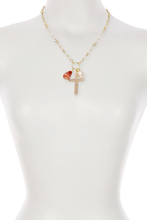 Sardonyx & Austrian Crystal Cross Pendant Necklce - GF
