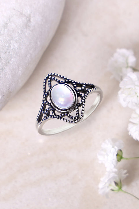 Sterling Silver Filigree Ring & Created Fire Snow Opal - SS