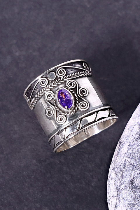 Amethyst CZ Bali Scroll Ring - SS