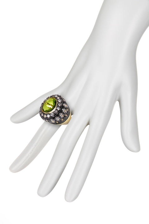 Peridot Crystal Two Tone Halo Statement Ring - GF