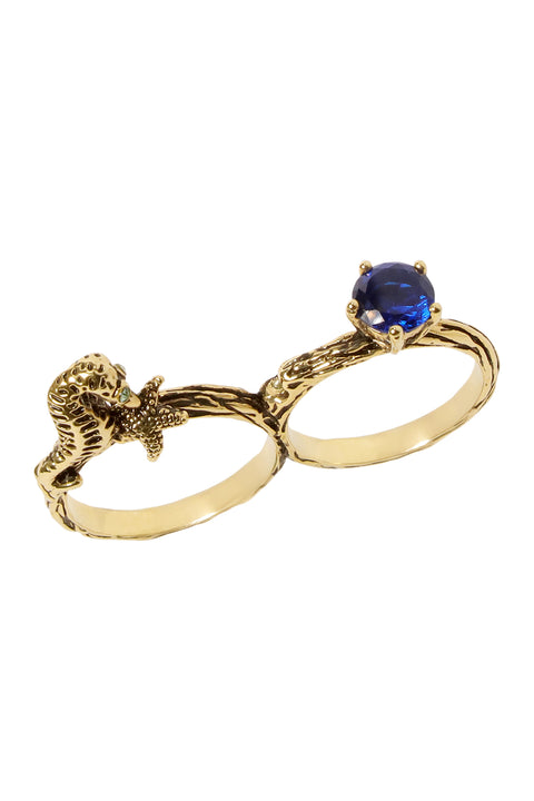 Seahorse And Blue CZ Two Finger Ring - AG