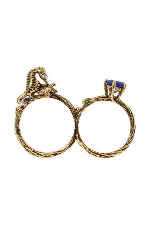 Seahorse And Blue CZ Two Finger Ring - AG