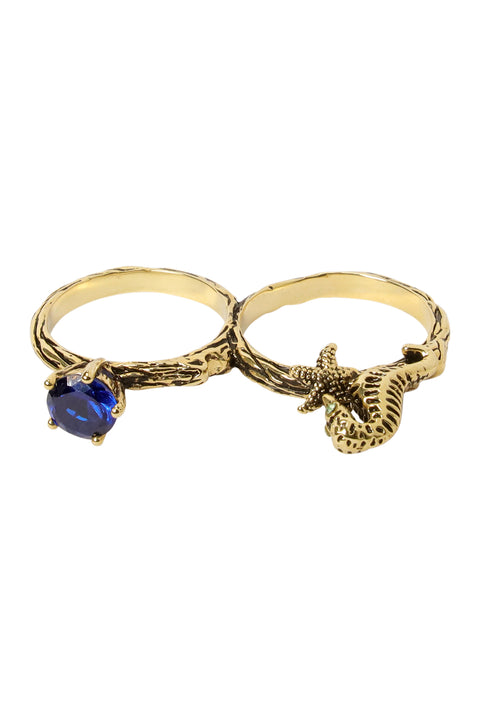 Seahorse And Blue CZ Two Finger Ring - AG