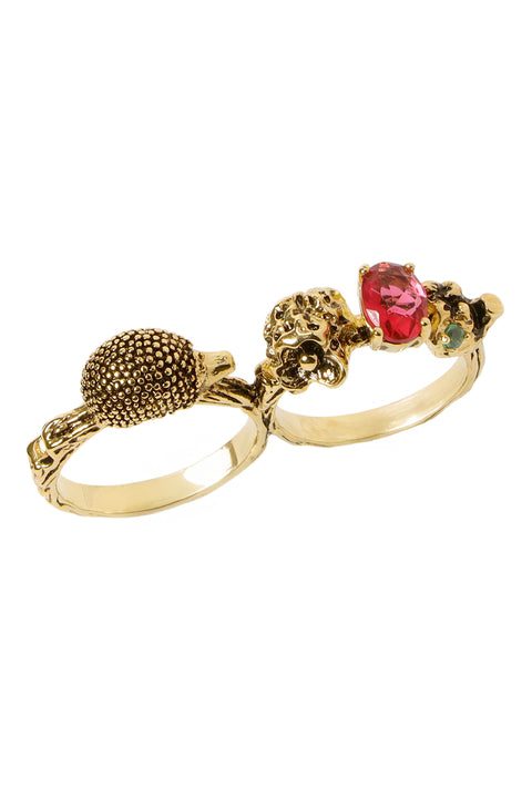Hedgehog And Hot Pink CZ Two Finger Ring - AG