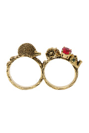 Hedgehog And Hot Pink CZ Two Finger Ring - AG