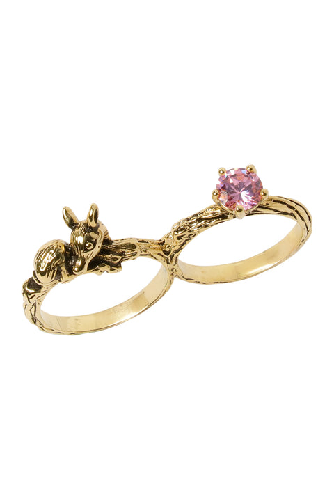 Fawn And Pink CZ Two Finger Ring - AG