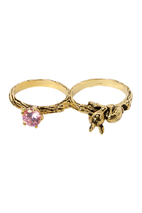Fawn And Pink CZ Two Finger Ring - AG