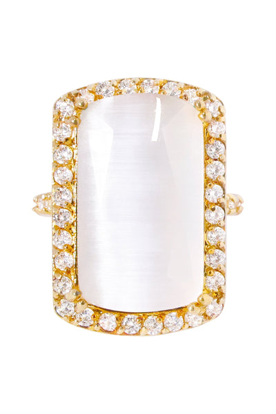 White Cat's Eye & Austrian Crystal Rectangle Ring - GP